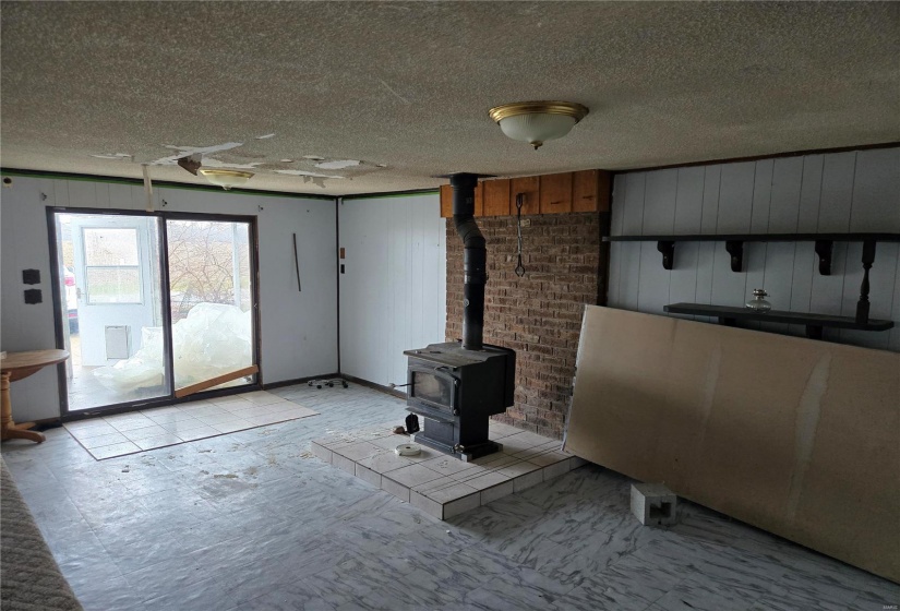 Family room with a wood stove 